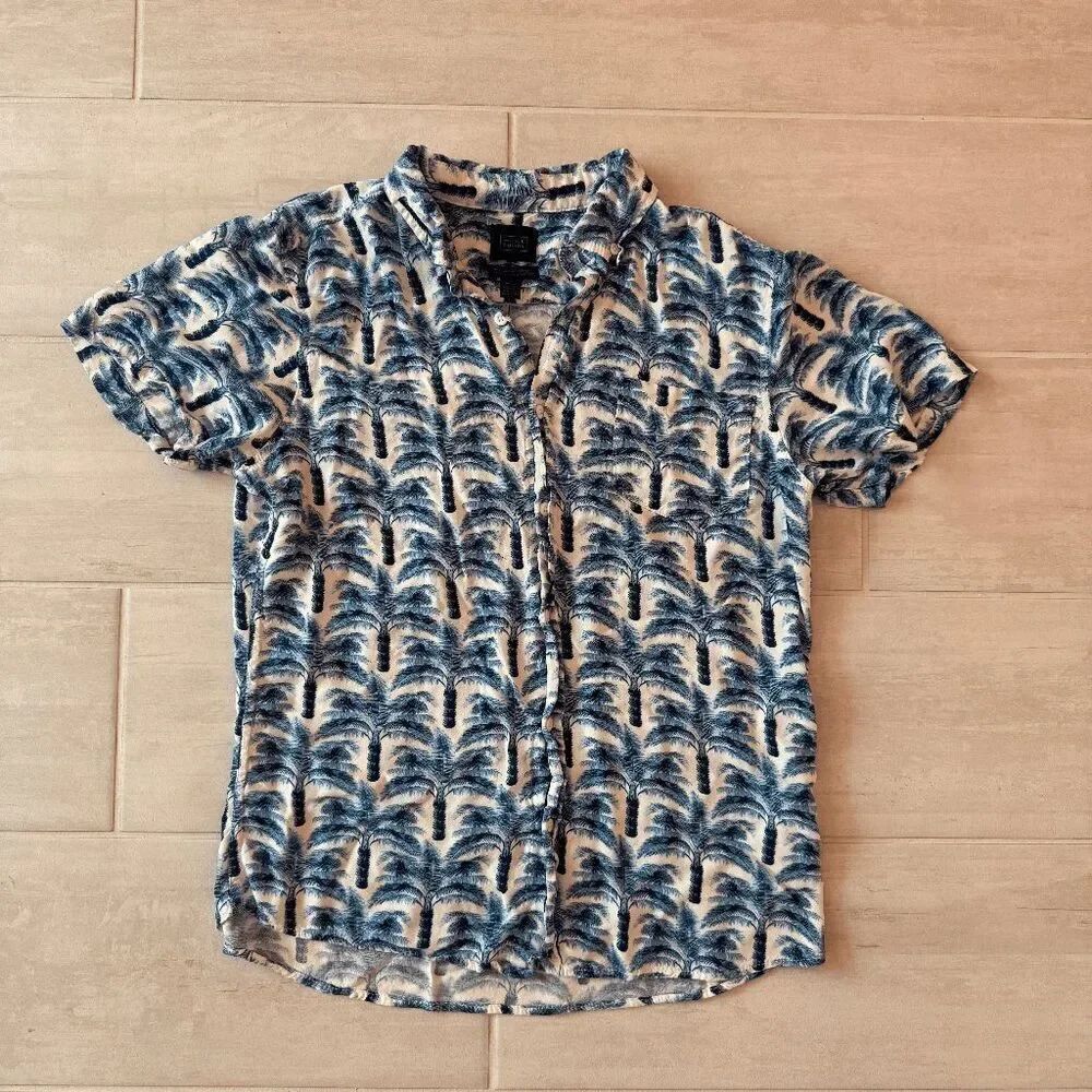 14th & Union Casual Button Front Shirt Short Sleeve White Blue Large Palm Tree L